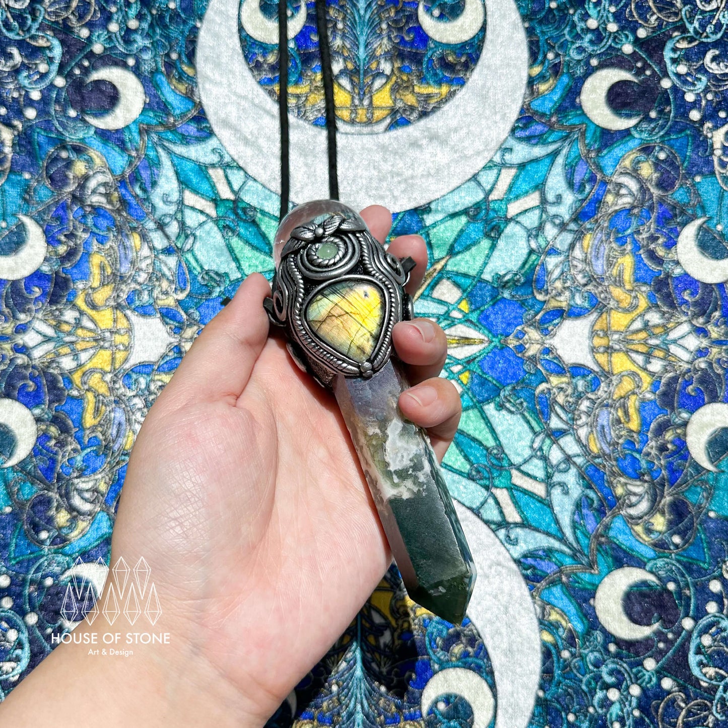 Natural Handmade Moss Agate Pendant Necklace/Magic Clear Quartz Double-sided Pendant/Labradorite Jewelry/Heart Chakra/Altar Tool