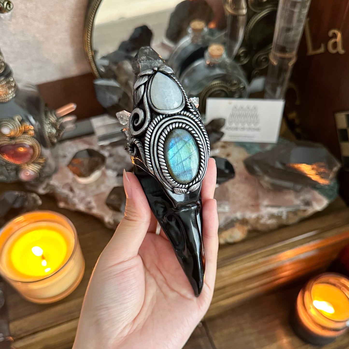 Handmade Natural Black Obsidian Raven Skull Pendant Necklace/Magic Herkimer Diamond Crystal Protection Pendant/Amulet Talisman Jewelry/Chakra/Altar Tool