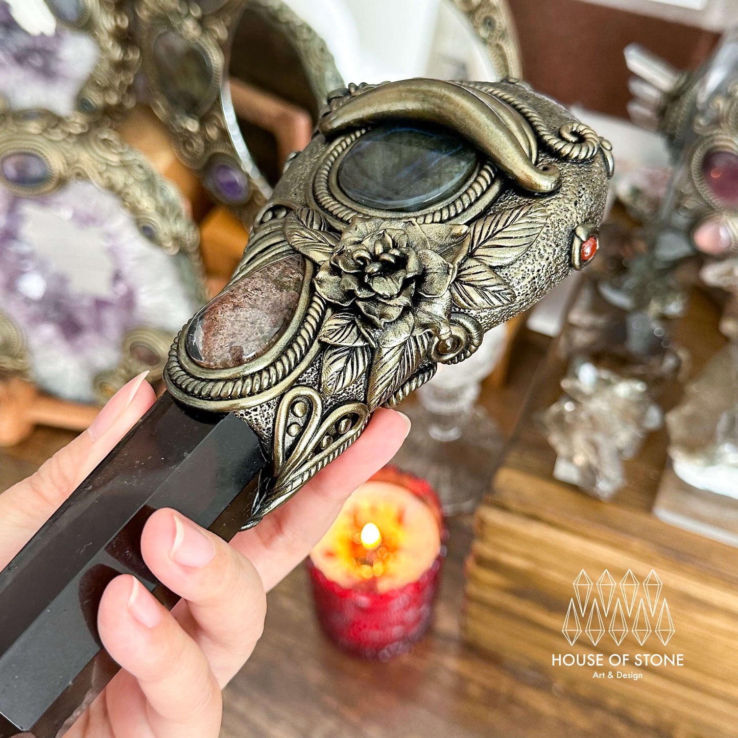 Handmade Natural Black Obsidian Mirror/Magic Obsidian Witch Wand/Crystal Quartz Wand/Scrying Mirror Wand/Root Chakra/Manifest Altar Tool