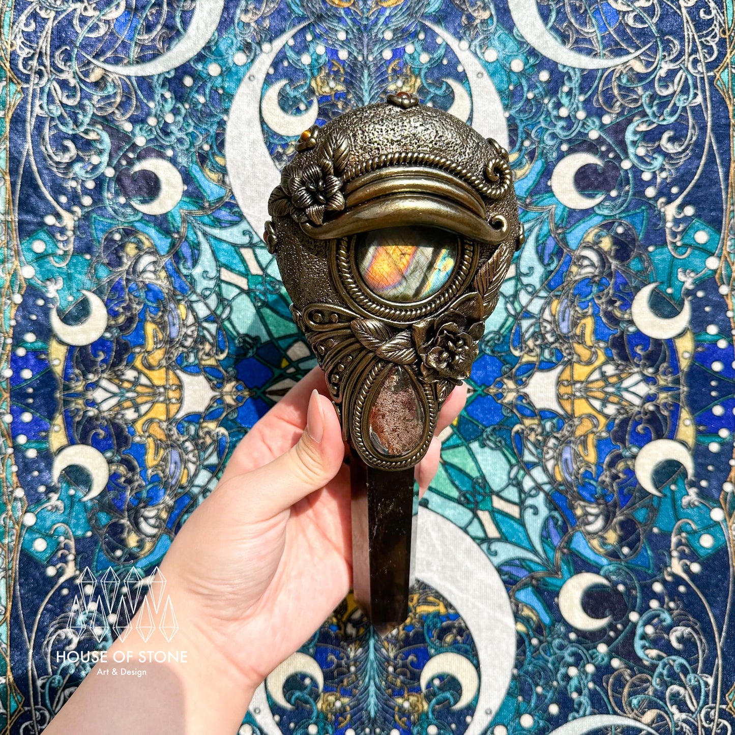 Handmade Natural Black Obsidian Mirror/Magic Obsidian Witch Wand/Crystal Quartz Wand/Scrying Mirror Wand/Root Chakra/Manifest Altar Tool