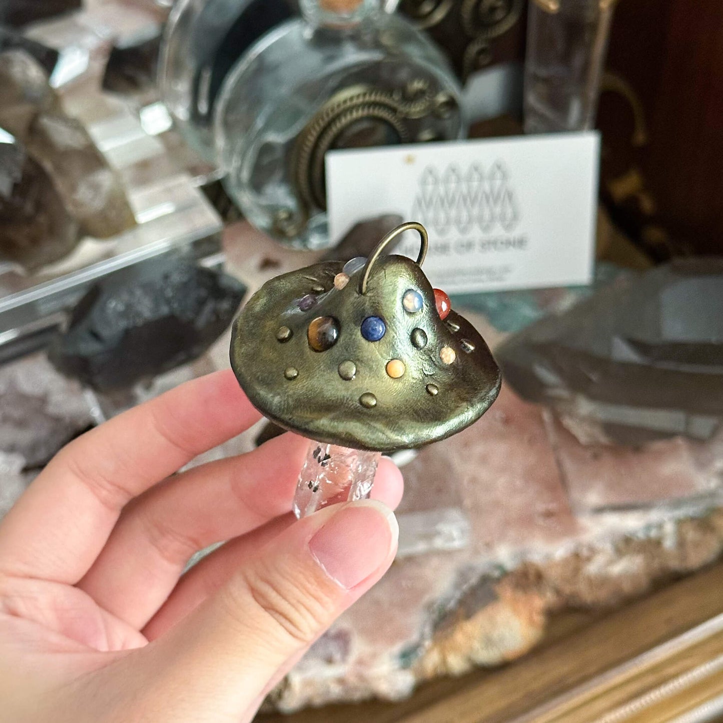 Handmade Natural Herkimer Diamond Pendant Necklace/Magic Mushroom Crystal Protection Pendant/Amulet Talisman Jewelry/Chakra/Altar Tool