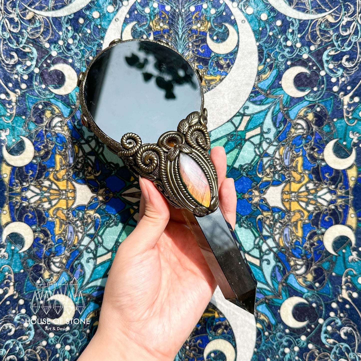 Handmade Natural Black Obsidian Mirror/Magic Obsidian Witch Wand/Crystal Quartz Wand/Scrying Mirror Wand/Root Chakra/Manifest Altar Tool