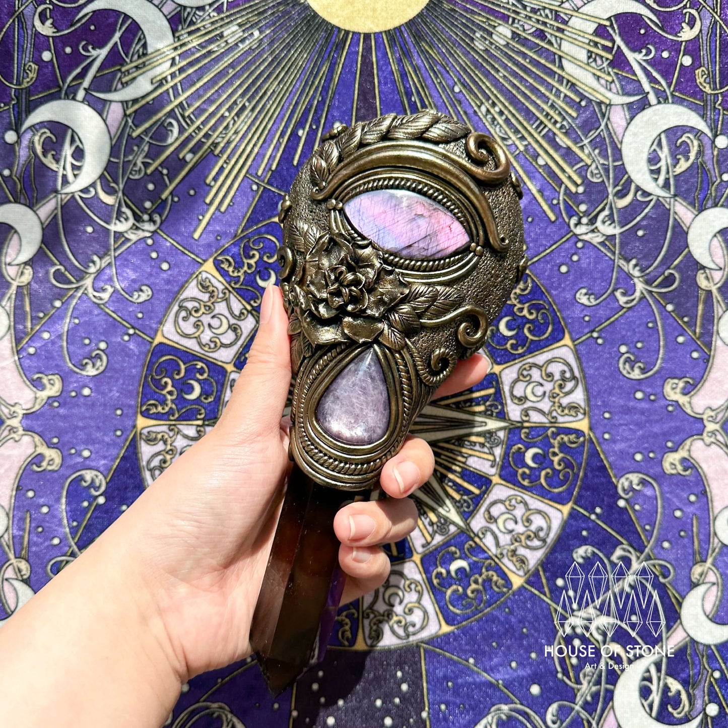 Handmade Natural Black Obsidian Mirror/Magic Obsidian Witch Wand/Crystal Quartz Wand/Scrying Mirror Wand/Root Chakra/Manifest Altar Tool