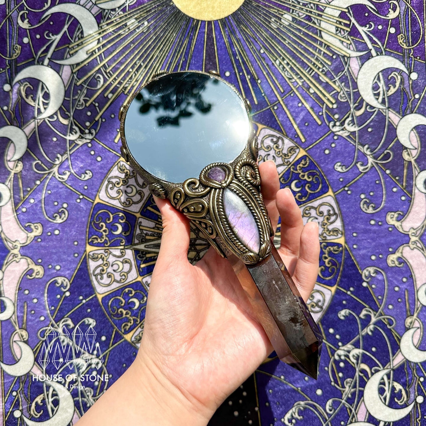 Handmade Natural Black Obsidian Mirror/Magic Obsidian Witch Wand/Crystal Quartz Wand/Scrying Mirror Wand/Root Chakra/Manifest Altar Tool