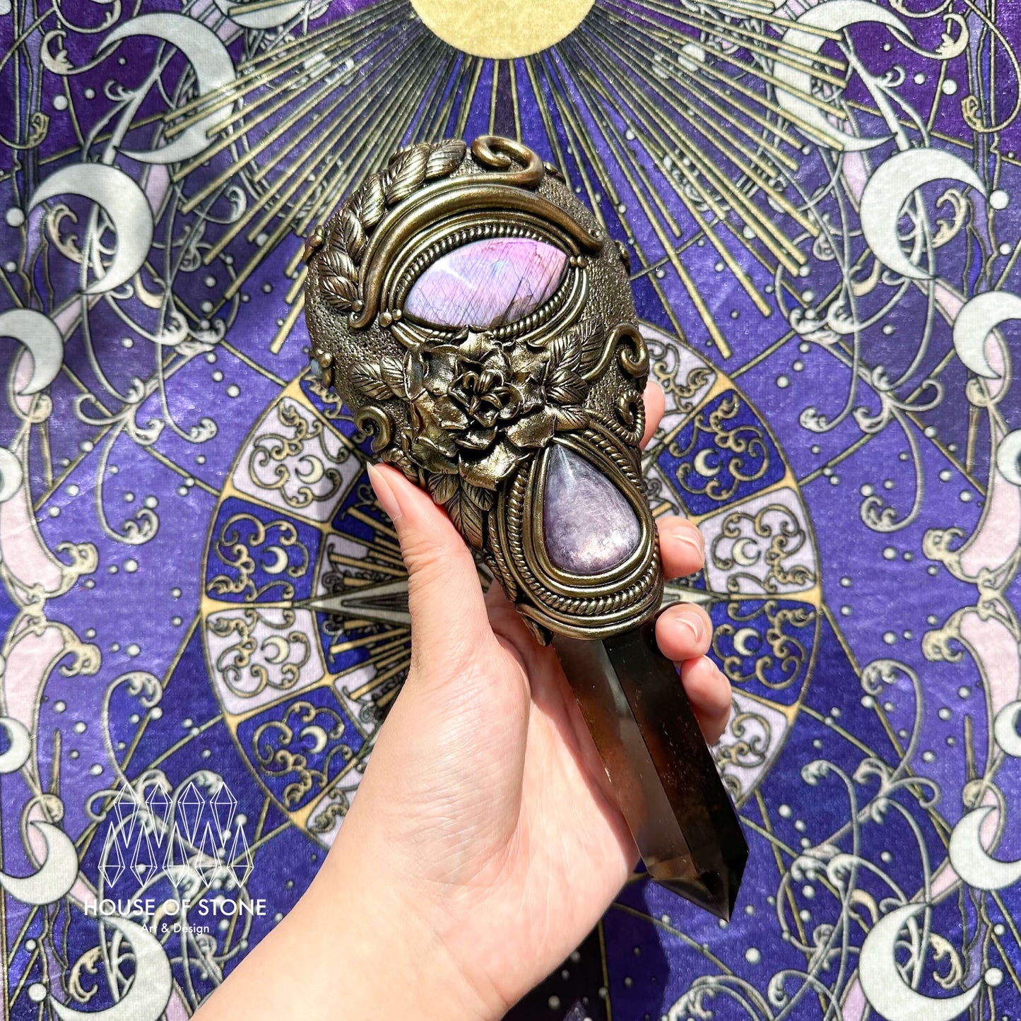 Handmade Natural Black Obsidian Mirror/Magic Obsidian Witch Wand/Crystal Quartz Wand/Scrying Mirror Wand/Root Chakra/Manifest Altar Tool