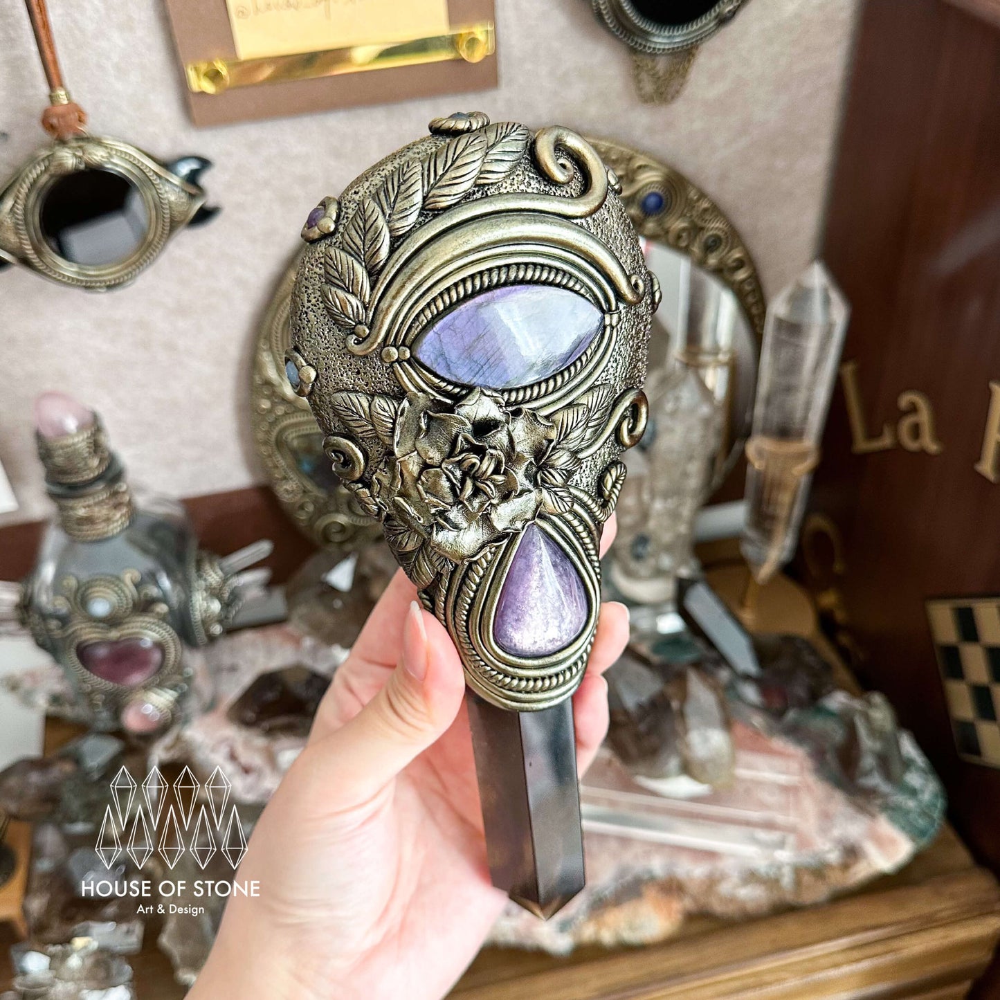 Handmade Natural Black Obsidian Mirror/Magic Obsidian Witch Wand/Crystal Quartz Wand/Scrying Mirror Wand/Root Chakra/Manifest Altar Tool