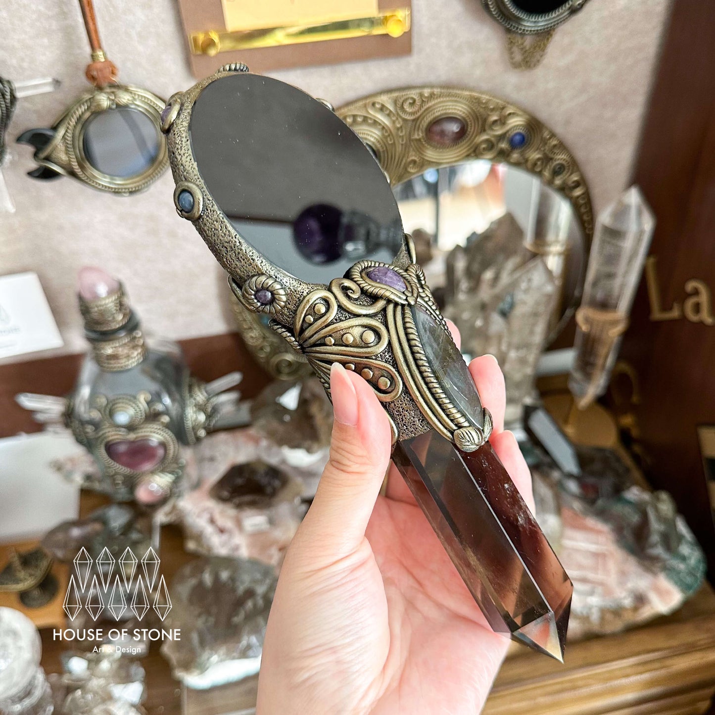 Handmade Natural Black Obsidian Mirror/Magic Obsidian Witch Wand/Crystal Quartz Wand/Scrying Mirror Wand/Root Chakra/Manifest Altar Tool