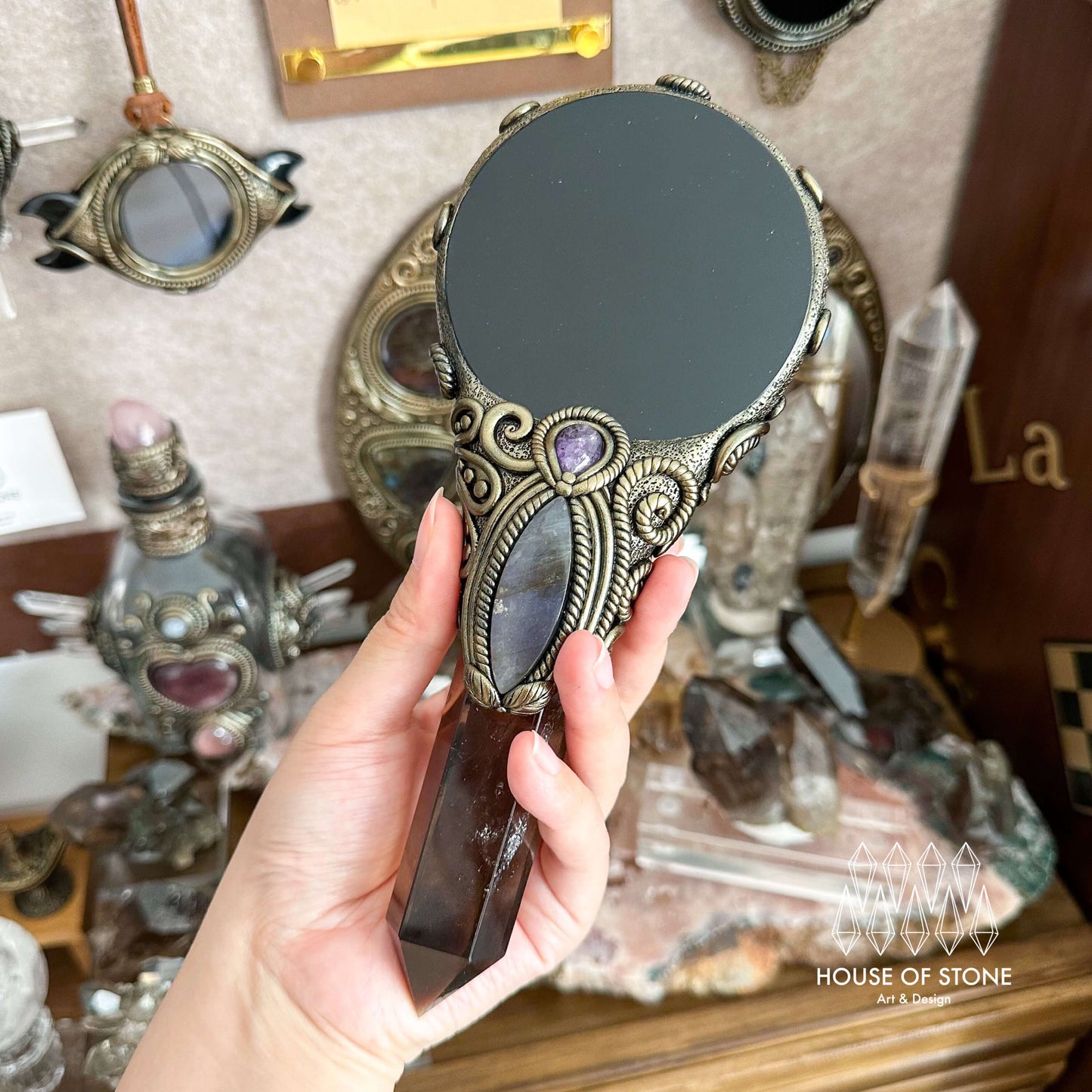 Handmade Natural Black Obsidian Mirror/Magic Obsidian Witch Wand/Crystal Quartz Wand/Scrying Mirror Wand/Root Chakra/Manifest Altar Tool
