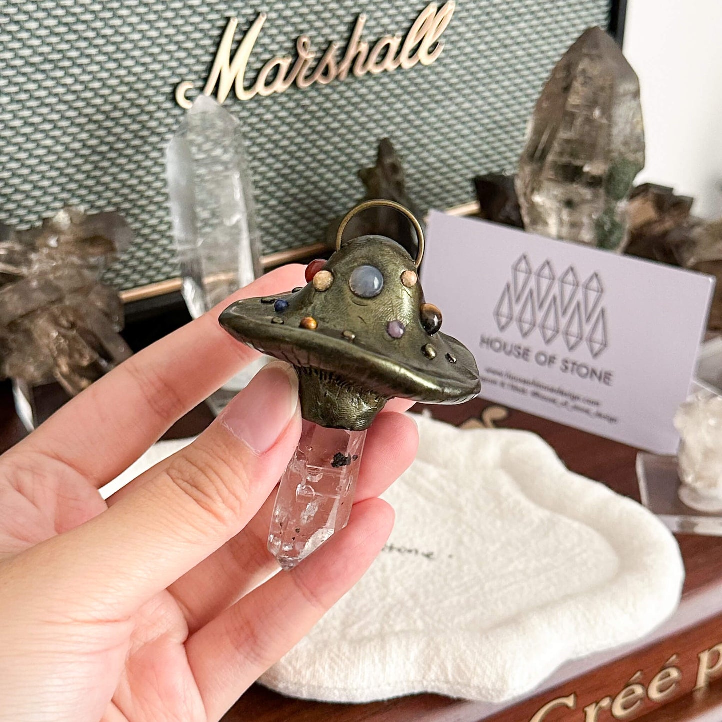 Handmade Natural Herkimer Diamond Pendant Necklace/Magic Mushroom Crystal Protection Pendant/Amulet Talisman Jewelry/Chakra/Altar Tool