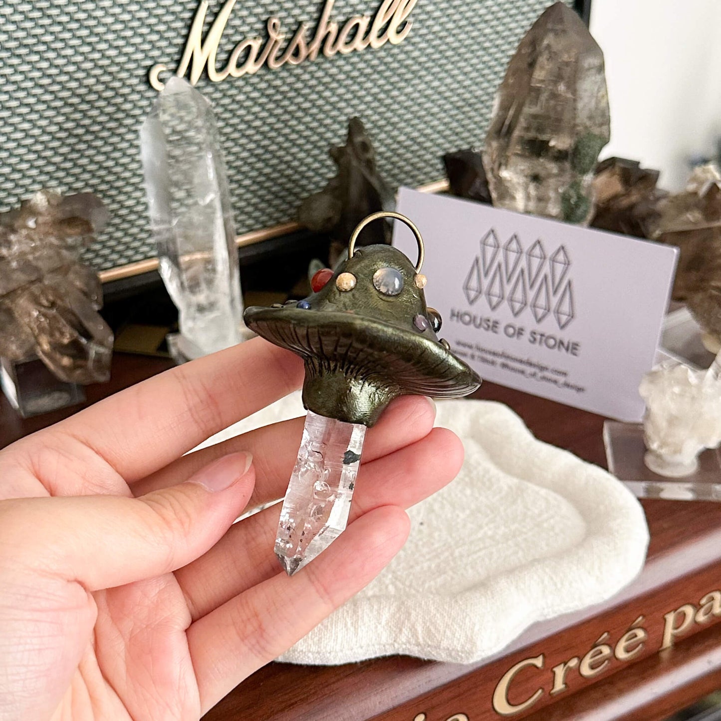 Handmade Natural Herkimer Diamond Pendant Necklace/Magic Mushroom Crystal Protection Pendant/Amulet Talisman Jewelry/Chakra/Altar Tool