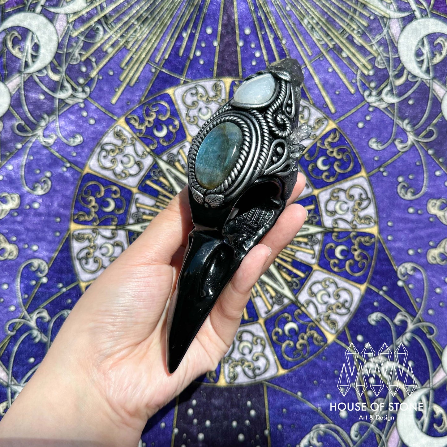 Handmade Natural Black Obsidian Raven Skull Pendant Necklace/Magic Herkimer Diamond Crystal Protection Pendant/Amulet Talisman Jewelry/Chakra/Altar Tool