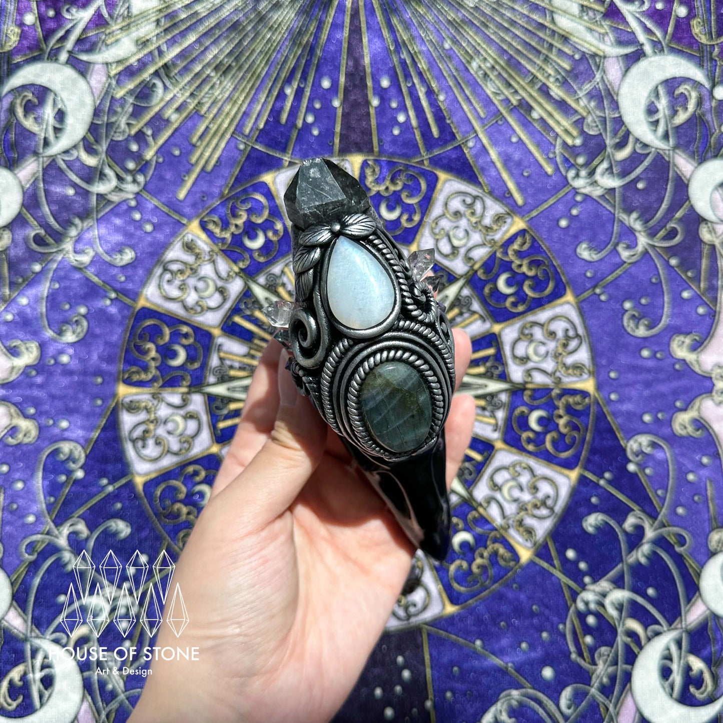 Handmade Natural Black Obsidian Raven Skull Pendant Necklace/Magic Herkimer Diamond Crystal Protection Pendant/Amulet Talisman Jewelry/Chakra/Altar Tool