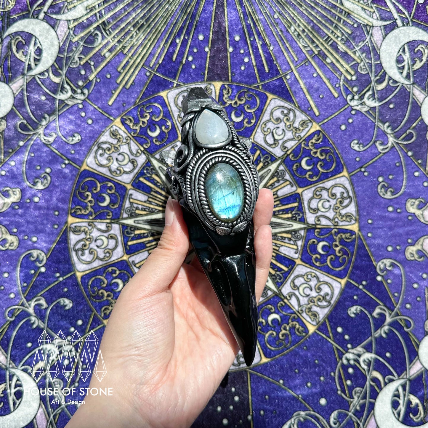 Handmade Natural Black Obsidian Raven Skull Pendant Necklace/Magic Herkimer Diamond Crystal Protection Pendant/Amulet Talisman Jewelry/Chakra/Altar Tool