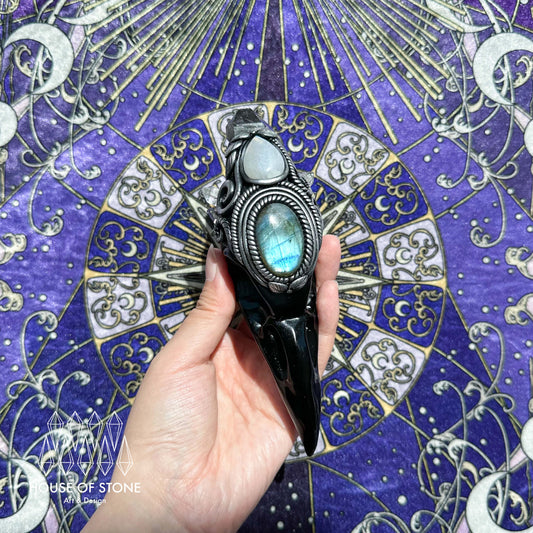 Handmade Natural Black Obsidian Raven Skull Pendant Necklace/Magic Herkimer Diamond Crystal Protection Pendant/Amulet Talisman Jewelry/Chakra/Altar Tool