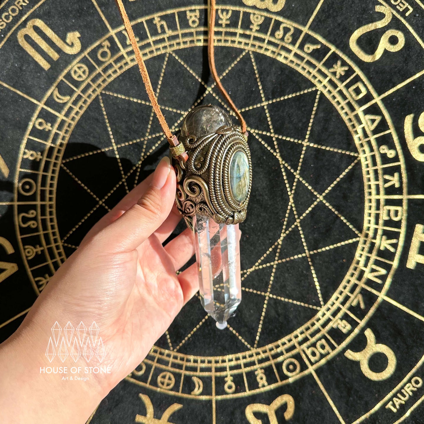 Natural Handmade Smoky Quartz Pendant Necklace/Magic Clear Quartz Crystal Double-sided Pendant/Labradorite Jewelry/Chakra Healing/Altar Tool