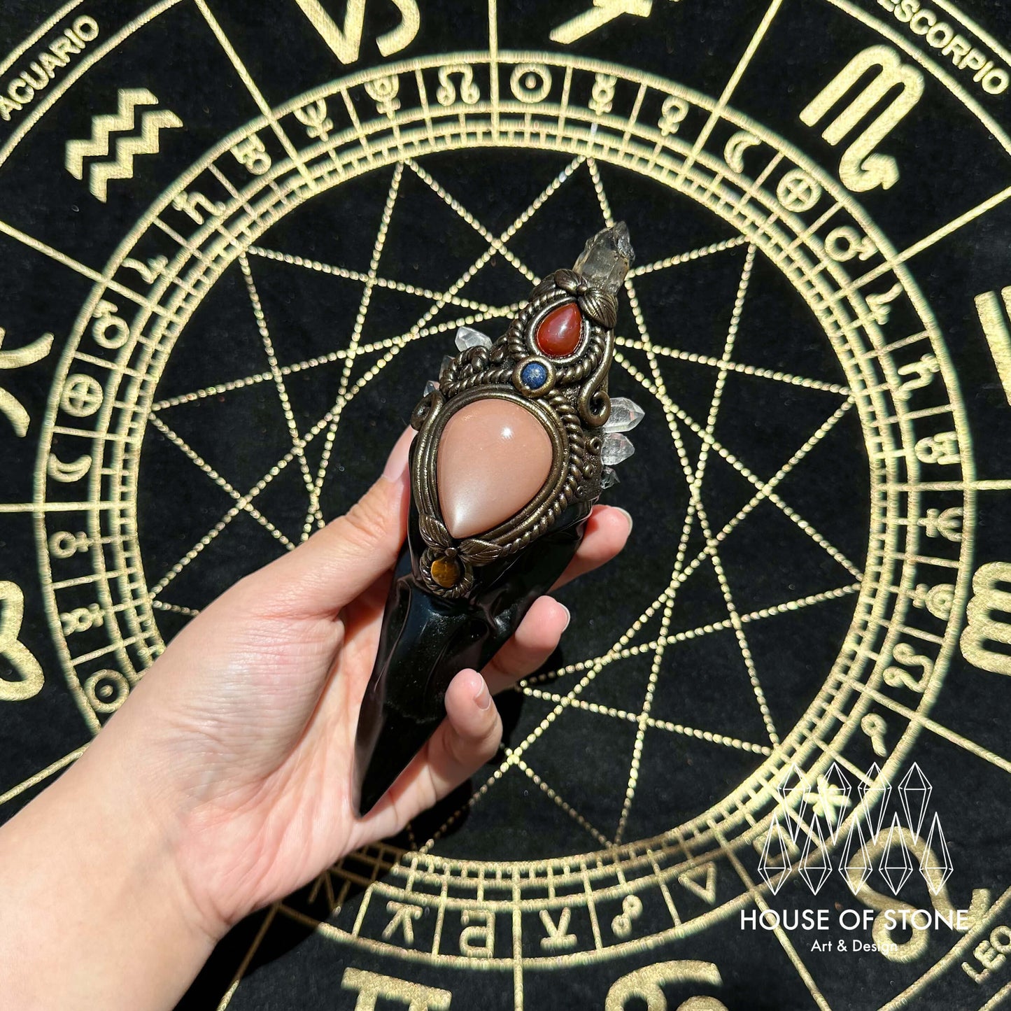 Handmade Natural Black Obsidian Raven Skull Pendant Necklace/Magic Herkimer Diamond Crystal Protection Pendant/Amulet Talisman Jewelry/Chakra/Altar Tool