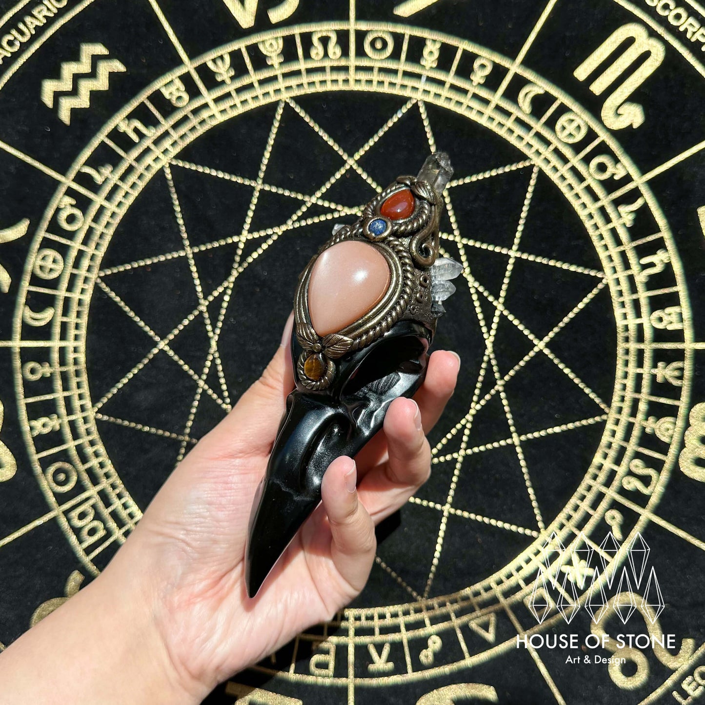 Handmade Natural Black Obsidian Raven Skull Pendant Necklace/Magic Herkimer Diamond Crystal Protection Pendant/Amulet Talisman Jewelry/Chakra/Altar Tool