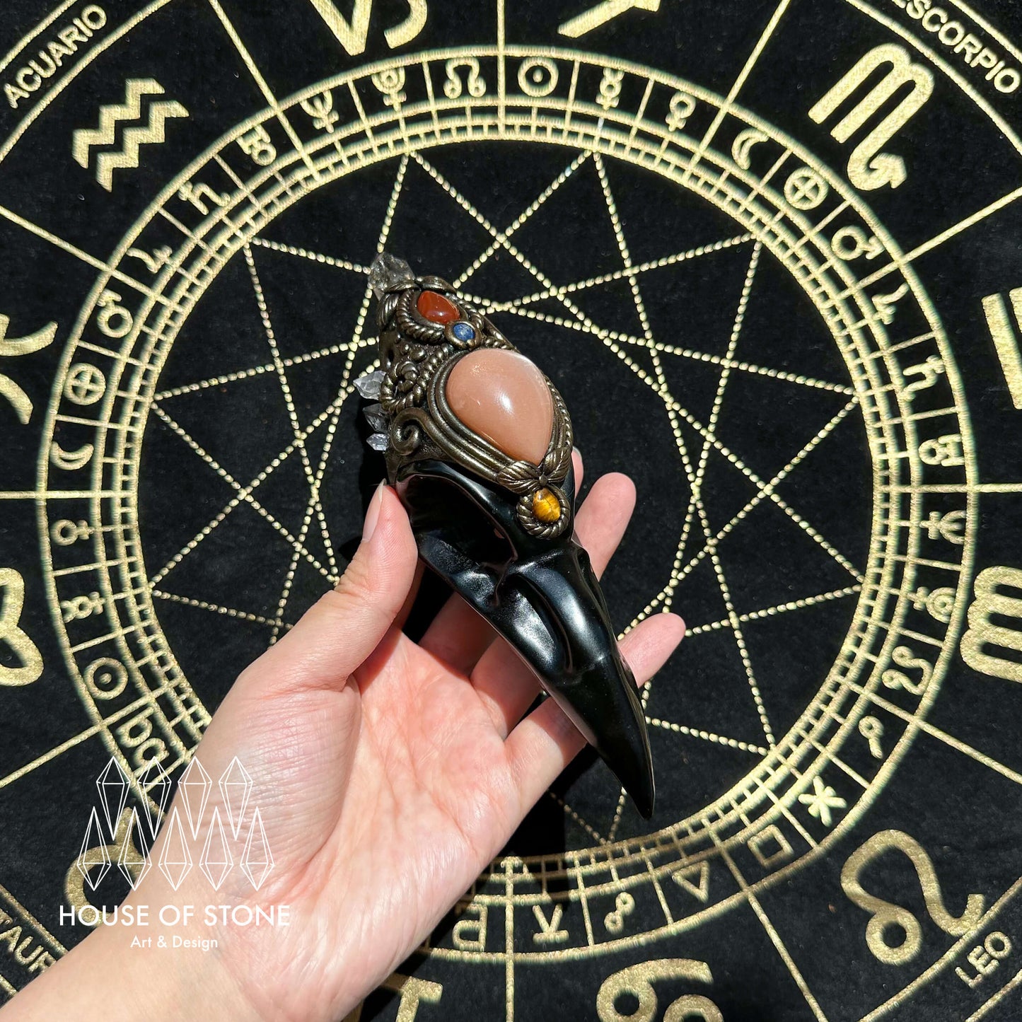 Handmade Natural Black Obsidian Raven Skull Pendant Necklace/Magic Herkimer Diamond Crystal Protection Pendant/Amulet Talisman Jewelry/Chakra/Altar Tool