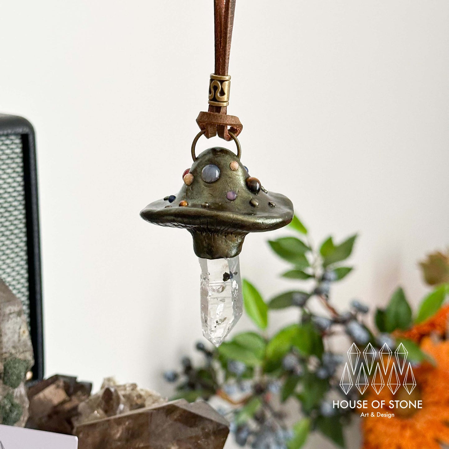 Handmade Natural Herkimer Diamond Pendant Necklace/Magic Mushroom Crystal Protection Pendant/Amulet Talisman Jewelry/Chakra/Altar Tool