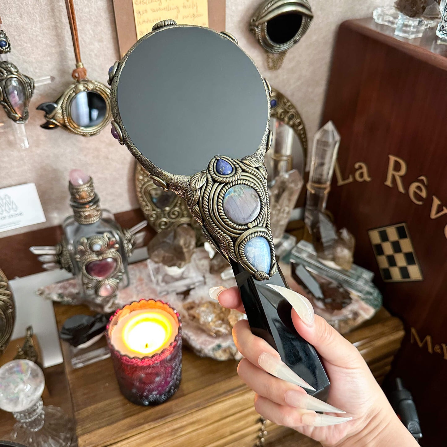 Handmade Natural Black Obsidian Mirror/Magic Obsidian Witch Wand/Crystal Quartz Wand/Scrying Mirror Wand/Root Chakra/Manifest Altar Tool