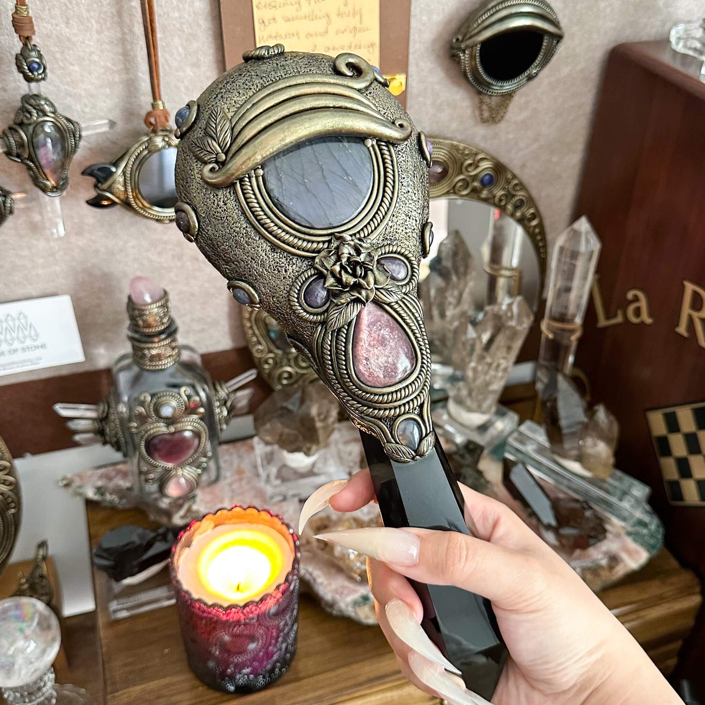 Handmade Natural Black Obsidian Mirror/Magic Obsidian Witch Wand/Crystal Quartz Wand/Scrying Mirror Wand/Root Chakra/Manifest Altar Tool