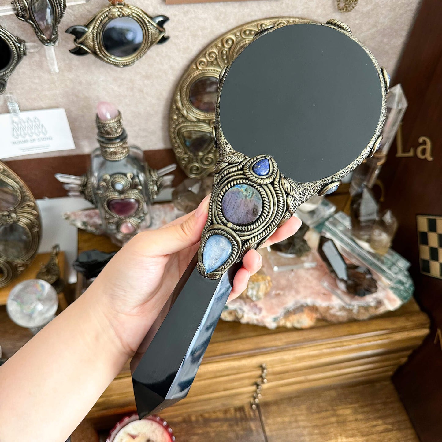Handmade Natural Black Obsidian Mirror/Magic Obsidian Witch Wand/Crystal Quartz Wand/Scrying Mirror Wand/Root Chakra/Manifest Altar Tool