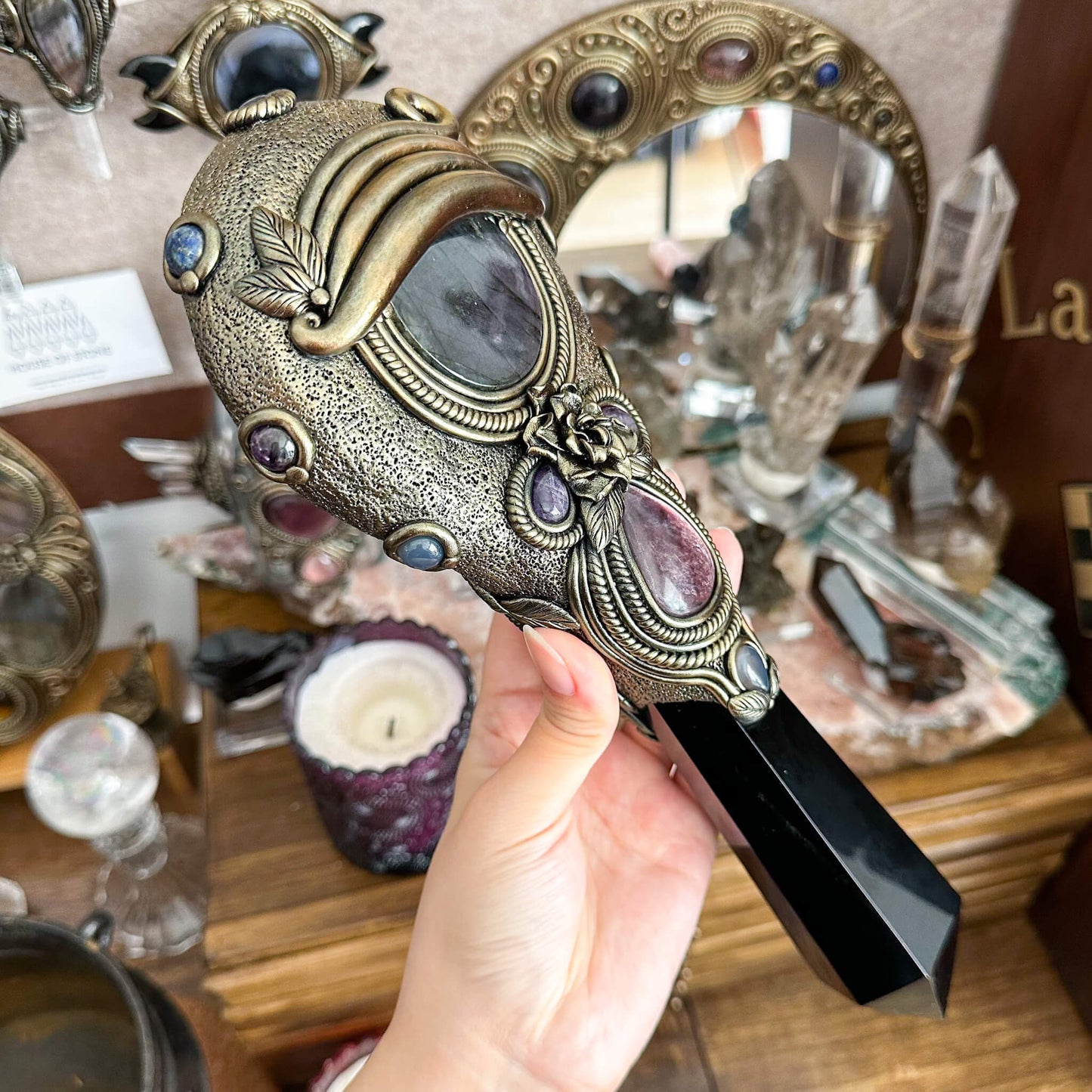 Handmade Natural Black Obsidian Mirror/Magic Obsidian Witch Wand/Crystal Quartz Wand/Scrying Mirror Wand/Root Chakra/Manifest Altar Tool