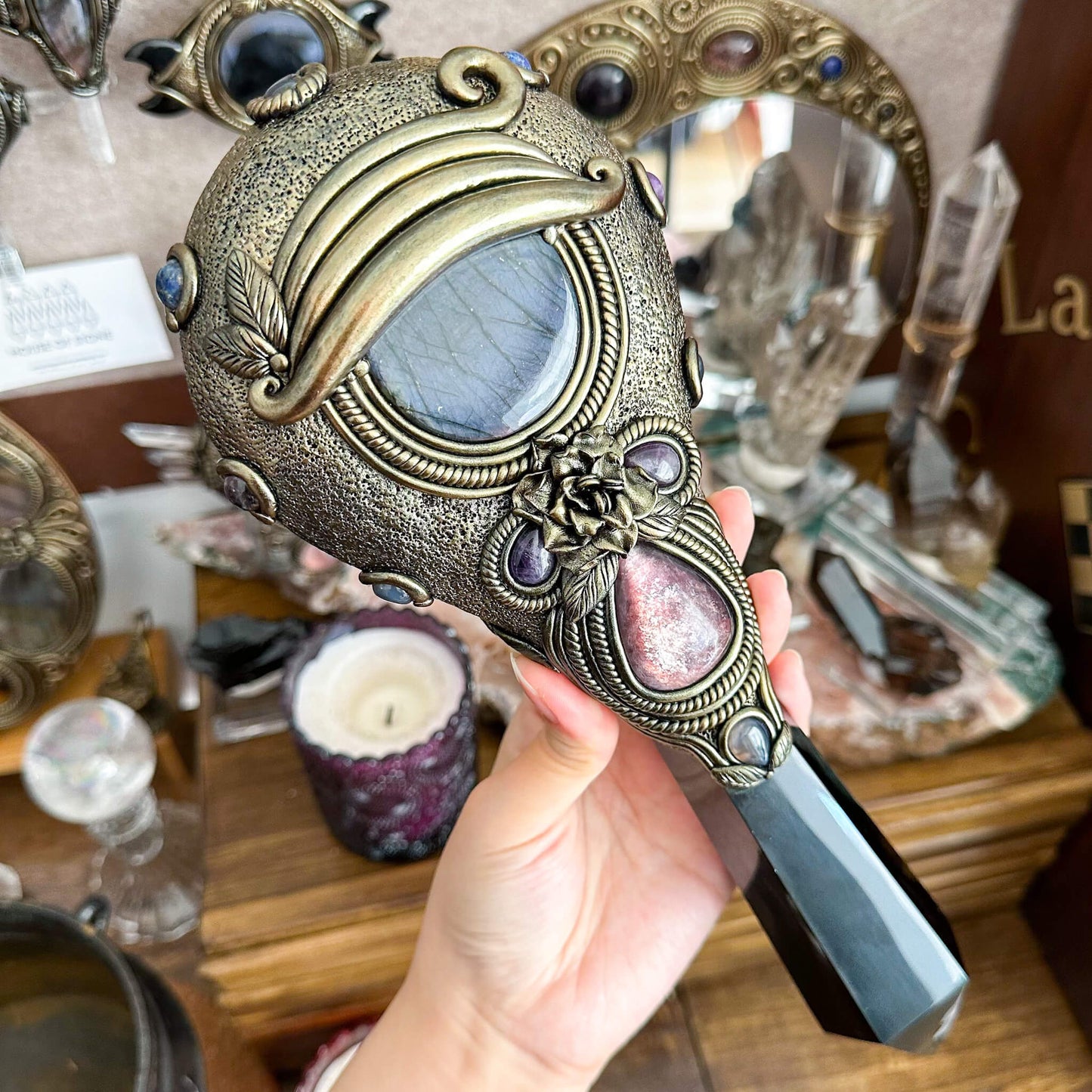 Handmade Natural Black Obsidian Mirror/Magic Obsidian Witch Wand/Crystal Quartz Wand/Scrying Mirror Wand/Root Chakra/Manifest Altar Tool