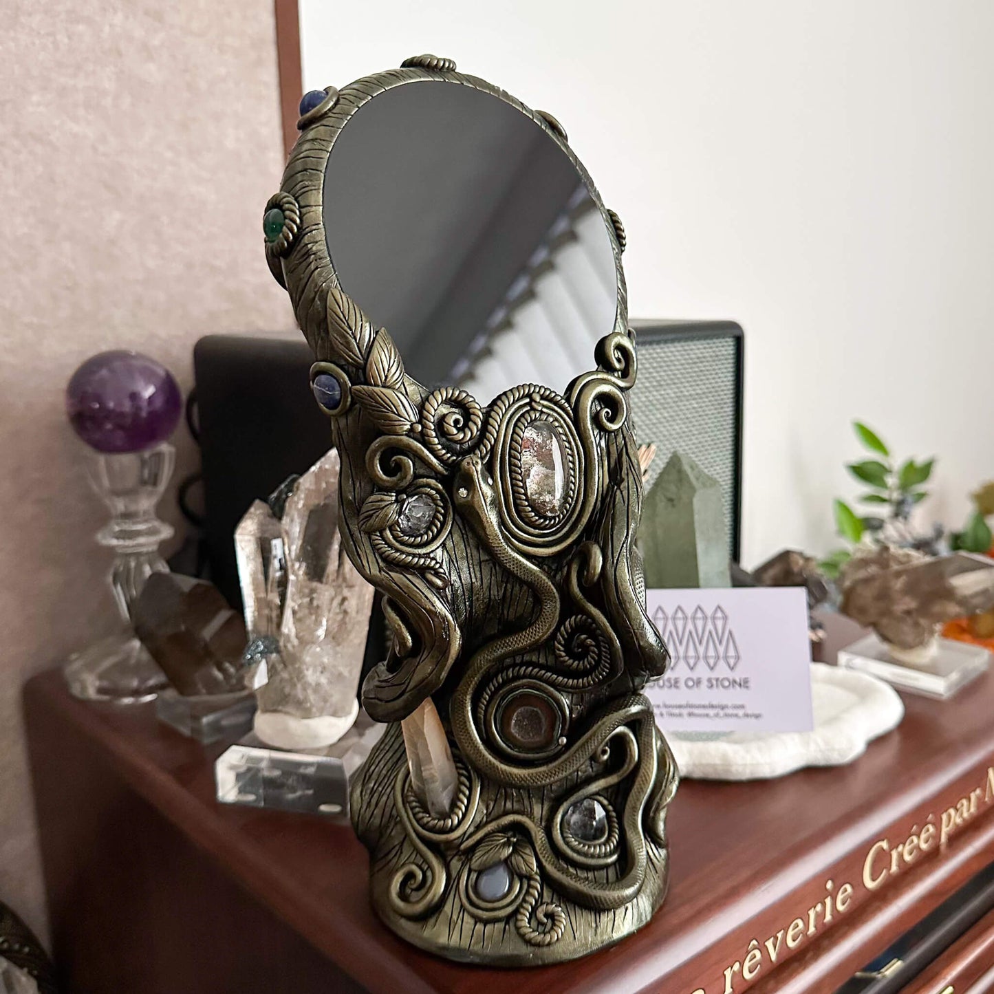 Handmade Natural Black Obsidian Mirror/Magic Obsidian Witch/Crystal Quartz with Base/Scrying Mirror/Root Chakra/Manifest Altar Tool