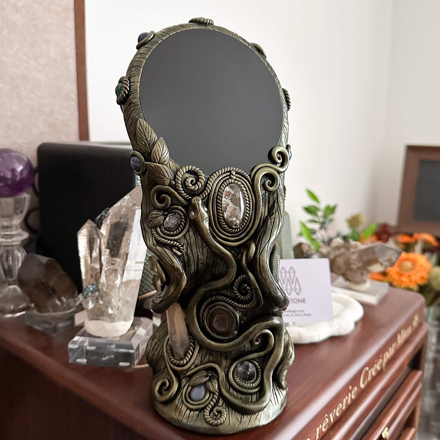 Handmade Natural Black Obsidian Mirror/Magic Obsidian Witch/Crystal Quartz with Base/Scrying Mirror/Root Chakra/Manifest Altar Tool