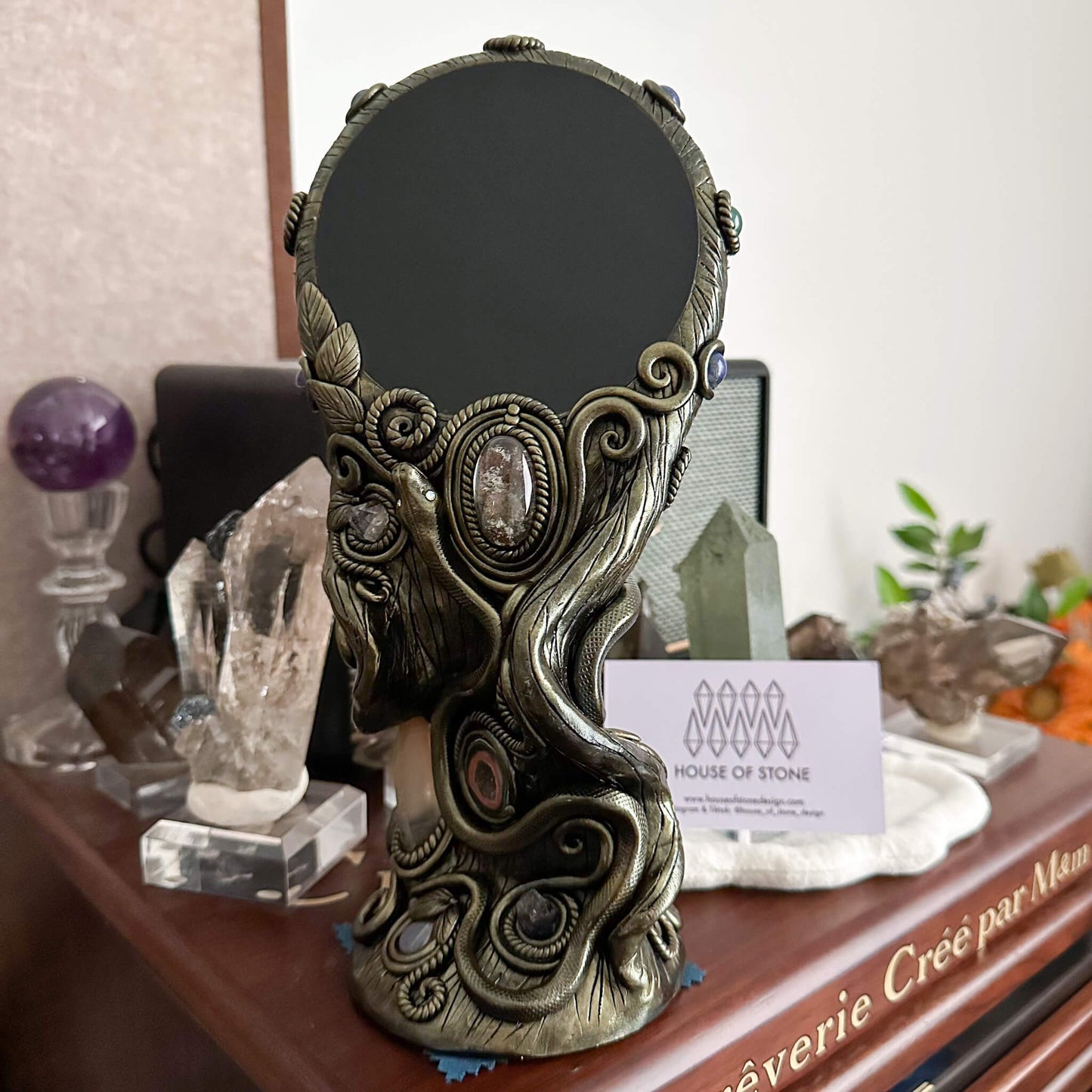 Handmade Natural Black Obsidian Mirror/Magic Obsidian Witch/Crystal Quartz with Base/Scrying Mirror/Root Chakra/Manifest Altar Tool
