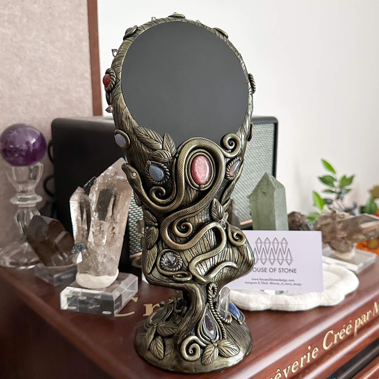 Handmade Natural Black Obsidian Mirror/Magic Obsidian Witch/Crystal Quartz with Base/Scrying Mirror/Root Chakra/Manifest Altar Tool