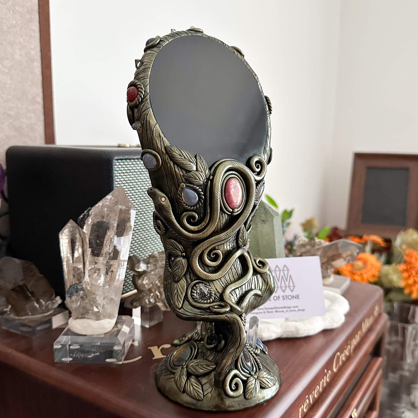 Handmade Natural Black Obsidian Mirror/Magic Obsidian Witch/Crystal Quartz with Base/Scrying Mirror/Root Chakra/Manifest Altar Tool