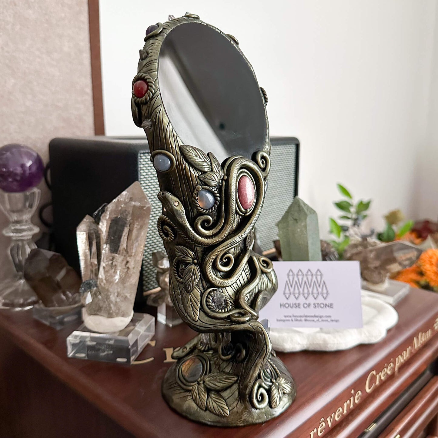 Handmade Natural Black Obsidian Mirror/Magic Obsidian Witch/Crystal Quartz with Base/Scrying Mirror/Root Chakra/Manifest Altar Tool