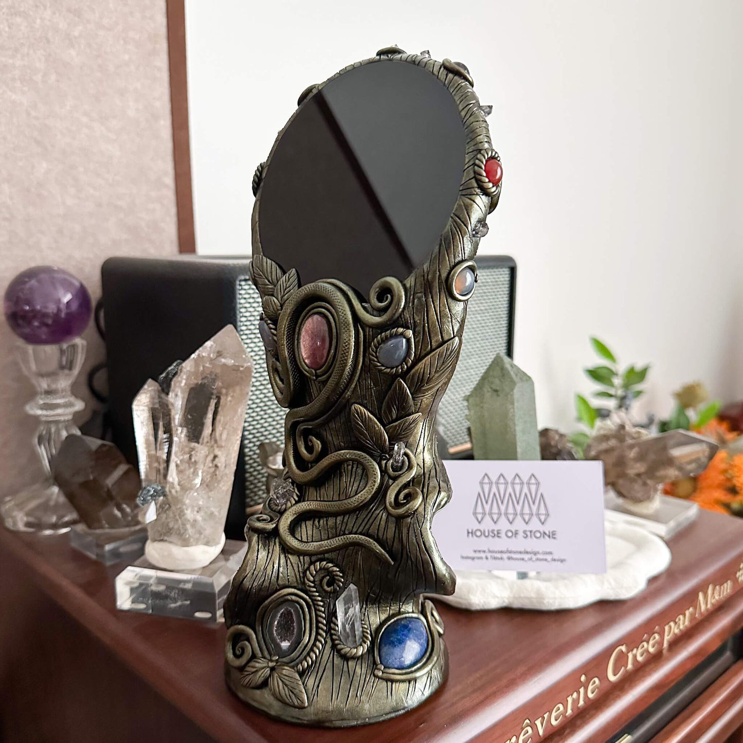 Handmade Natural Black Obsidian Mirror/Magic Obsidian Witch/Crystal Quartz with Base/Scrying Mirror/Root Chakra/Manifest Altar Tool