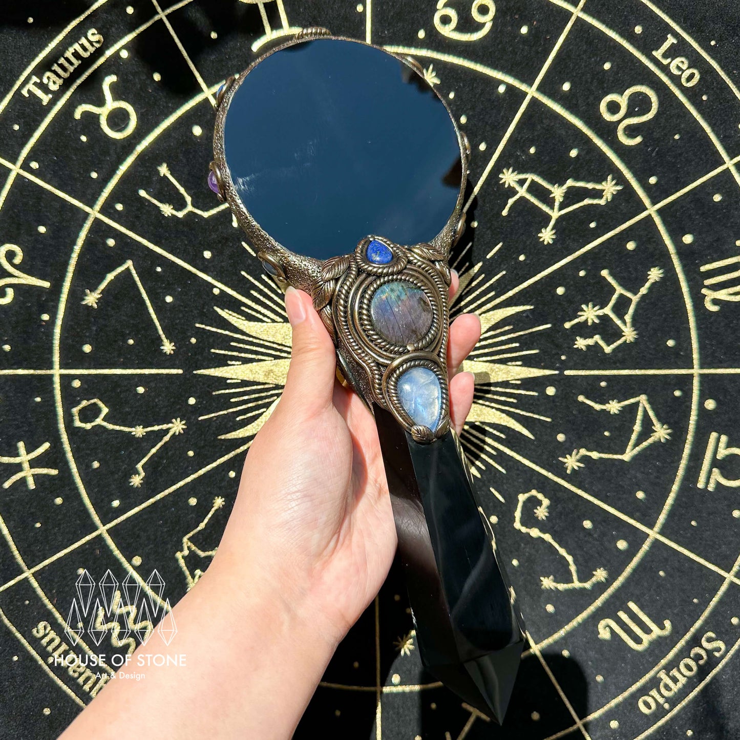 Handmade Natural Black Obsidian Mirror/Magic Obsidian Witch Wand/Crystal Quartz Wand/Scrying Mirror Wand/Root Chakra/Manifest Altar Tool