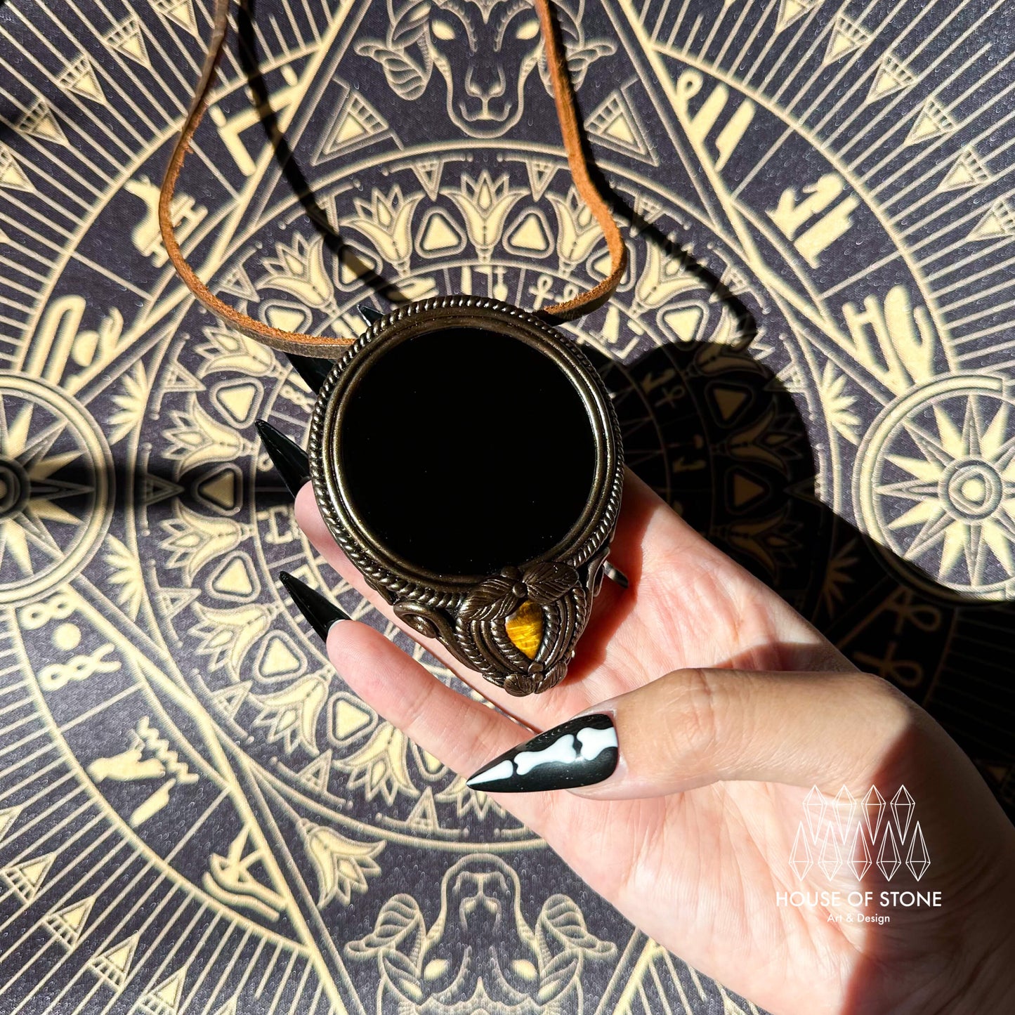 Natural Handmade Black Obsidian Pendant Necklace/Magic Obsidian Mirror Crystal Pendant/Scrying Mirror Tigers Eye Jasper Jewelry/Altar Tool