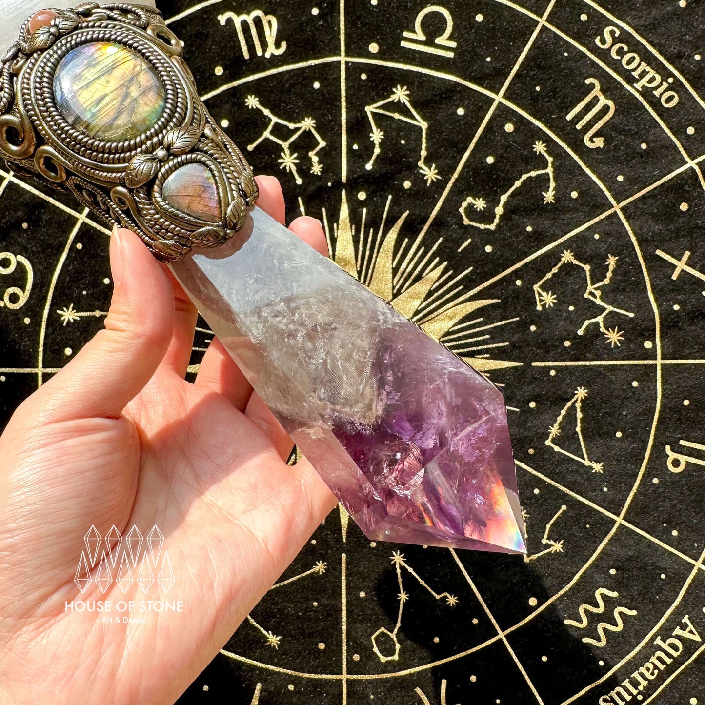 Natural Handmade Amethyst Crystal Quartz Wand/Magic Witch Crystal Wand/Moonstone Amethyst Labradorite Wand/Chakra/Manifest Altar Tool