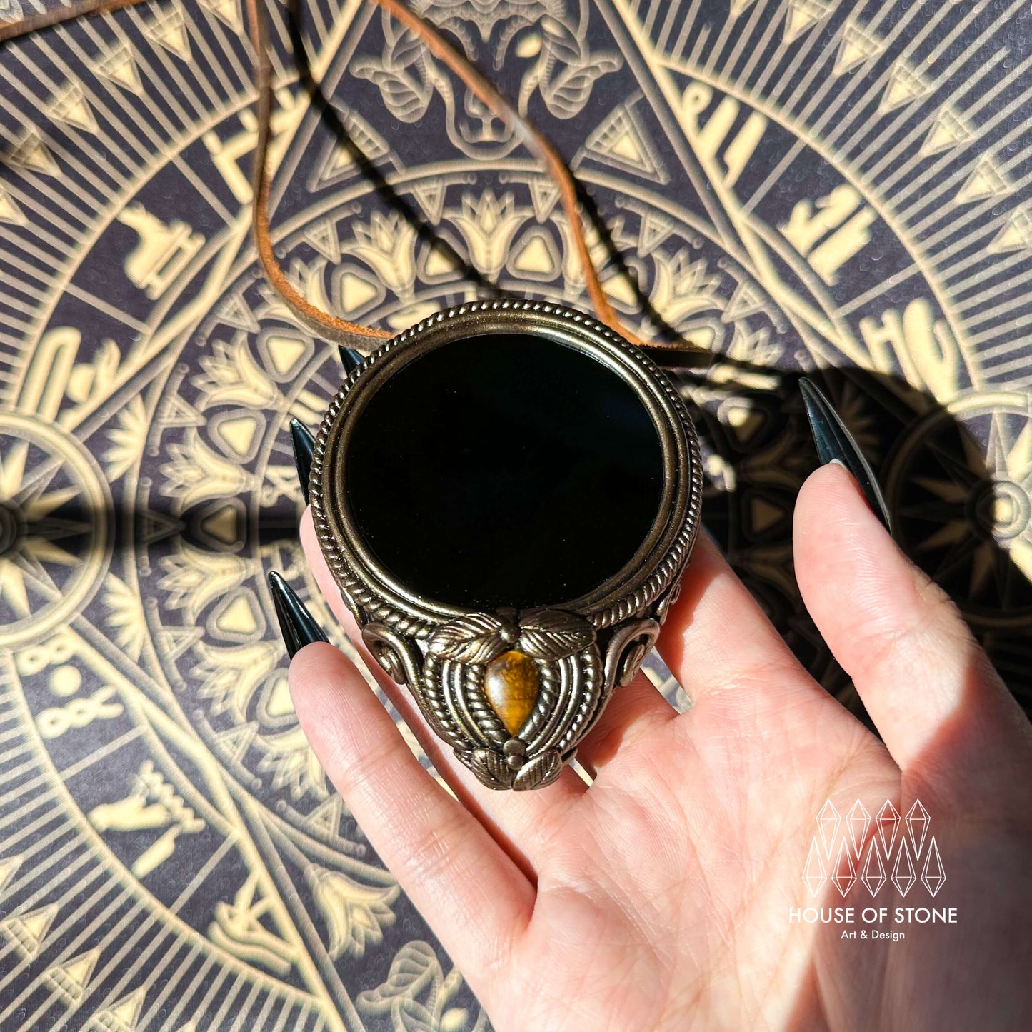 Natural Handmade Black Obsidian Pendant Necklace/Magic Obsidian Mirror Crystal Pendant/Scrying Mirror Tigers Eye Jasper Jewelry/Altar Tool