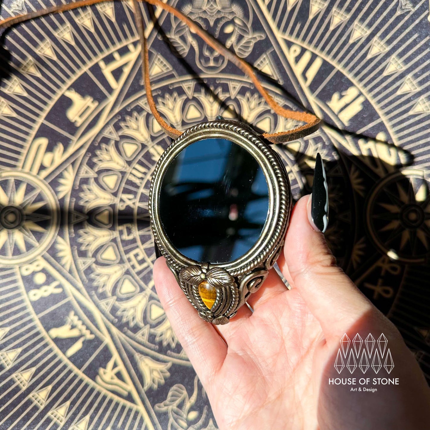 Natural Handmade Black Obsidian Pendant Necklace/Magic Obsidian Mirror Crystal Pendant/Scrying Mirror Tigers Eye Jasper Jewelry/Altar Tool