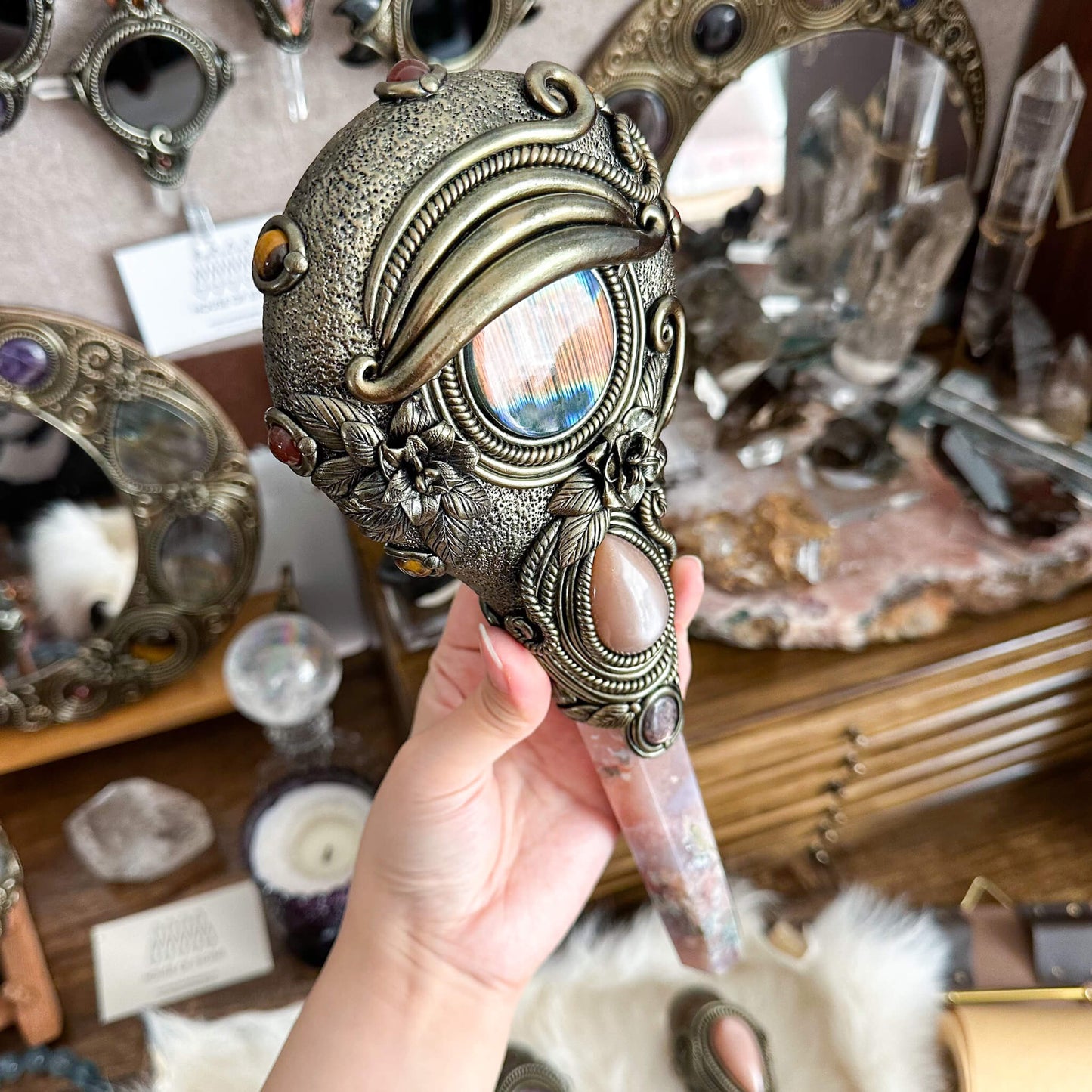 Handmade Natural Black Obsidian Mirror/Magic Flower Agate Witch Wand/Crystal Quartz Wand/Scrying Mirror Wand/Root Chakra/Manifest Altar Tool
