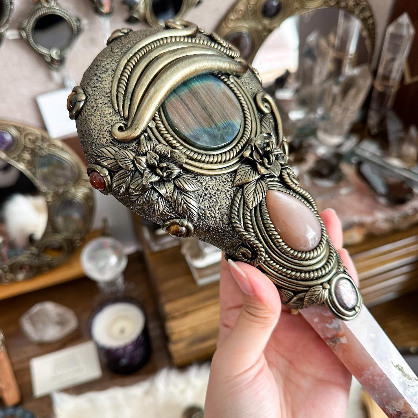 Handmade Natural Black Obsidian Mirror/Magic Flower Agate Witch Wand/Crystal Quartz Wand/Scrying Mirror Wand/Root Chakra/Manifest Altar Tool