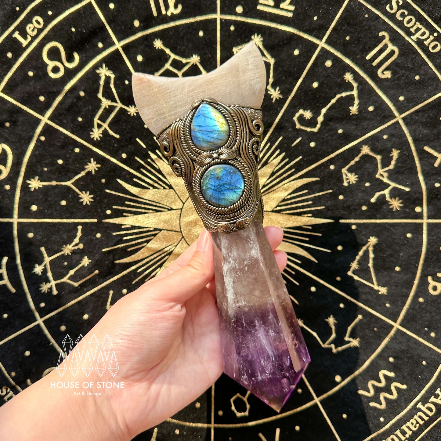 Natural Handmade Amethyst Crystal Quartz Wand/Magic Witch Crystal Wand/Moonstone Amethyst Labradorite Wand/Chakra/Manifest Altar Tool