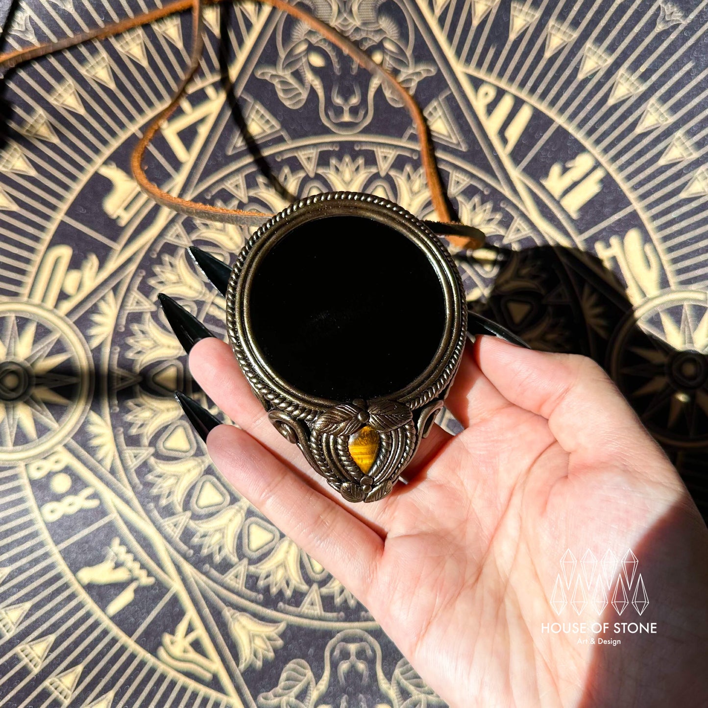 Natural Handmade Black Obsidian Pendant Necklace/Magic Obsidian Mirror Crystal Pendant/Scrying Mirror Tigers Eye Jasper Jewelry/Altar Tool