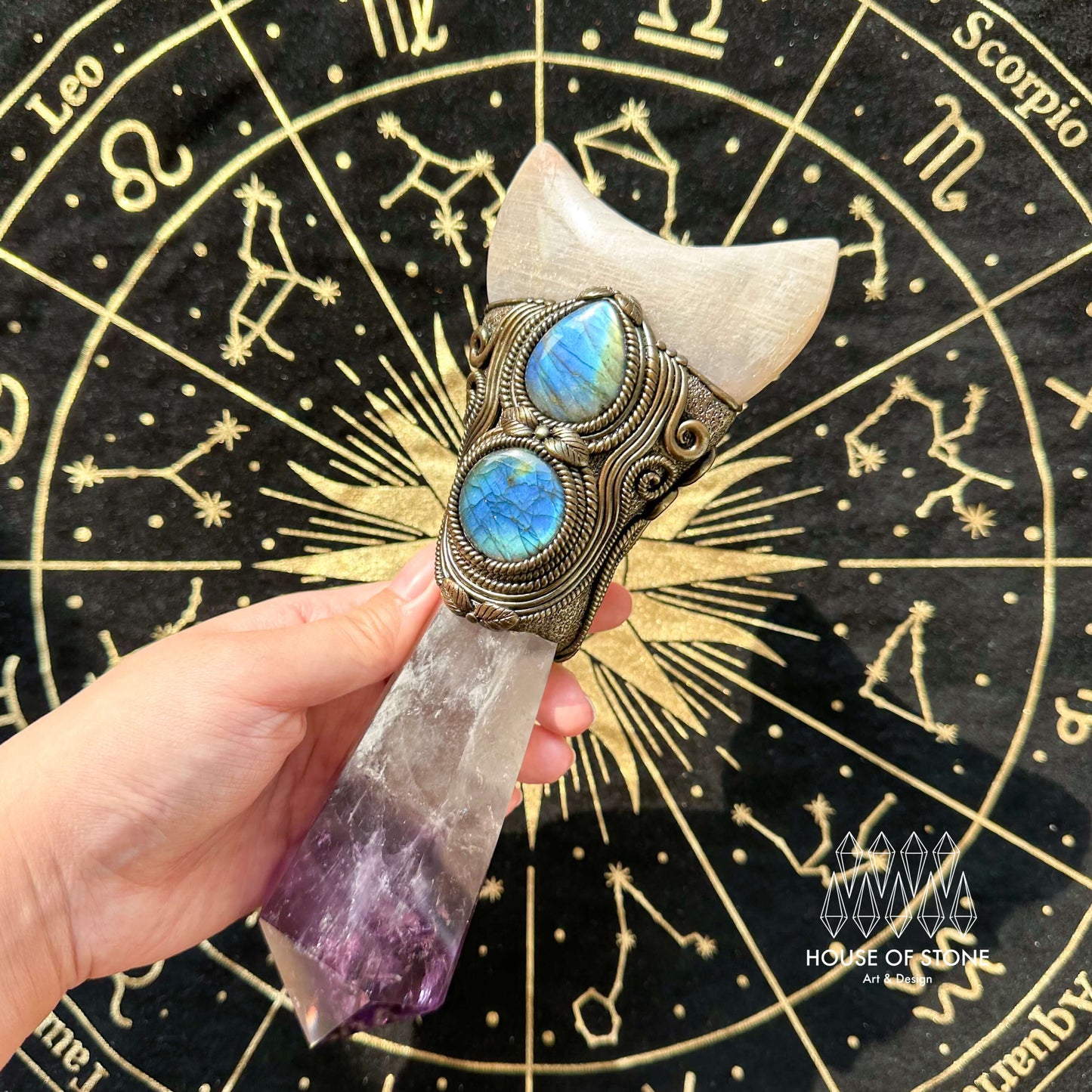 Natural Handmade Amethyst Crystal Quartz Wand/Magic Witch Crystal Wand/Moonstone Amethyst Labradorite Wand/Chakra/Manifest Altar Tool