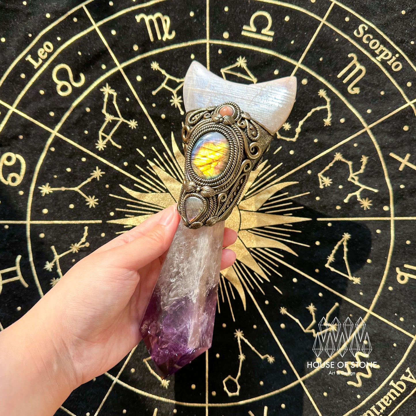 Natural Handmade Amethyst Crystal Quartz Wand/Magic Witch Crystal Wand/Moonstone Amethyst Labradorite Wand/Chakra/Manifest Altar Tool