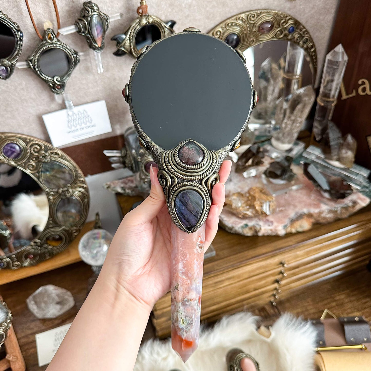 Handmade Natural Black Obsidian Mirror/Magic Flower Agate Witch Wand/Crystal Quartz Wand/Scrying Mirror Wand/Root Chakra/Manifest Altar Tool