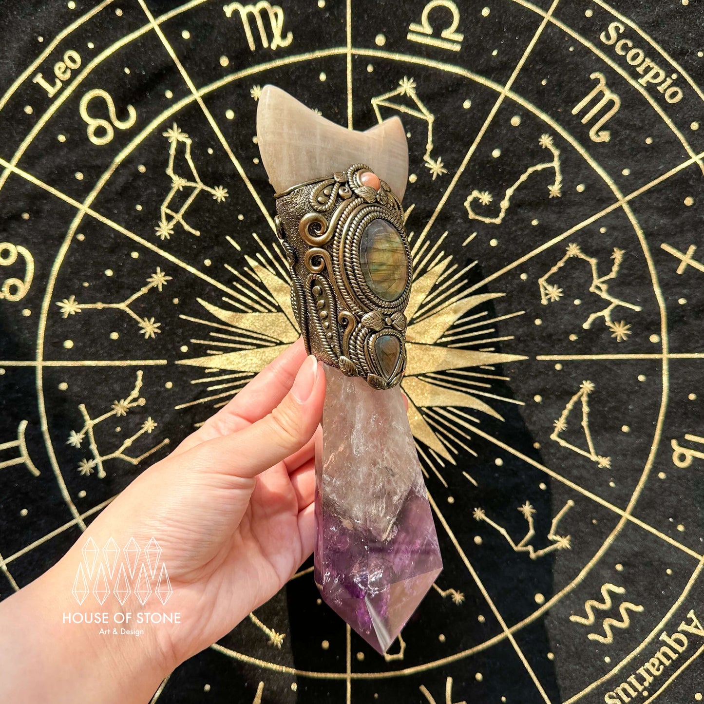 Natural Handmade Amethyst Crystal Quartz Wand/Magic Witch Crystal Wand/Moonstone Amethyst Labradorite Wand/Chakra/Manifest Altar Tool