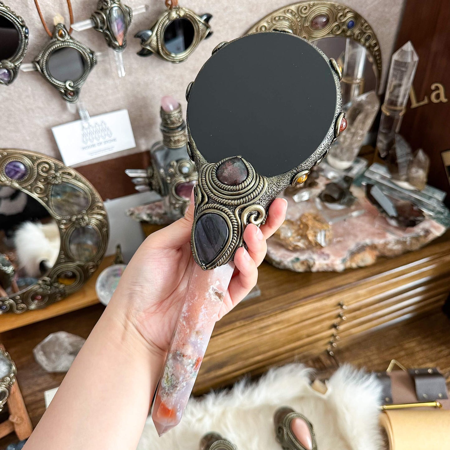 Handmade Natural Black Obsidian Mirror/Magic Flower Agate Witch Wand/Crystal Quartz Wand/Scrying Mirror Wand/Root Chakra/Manifest Altar Tool