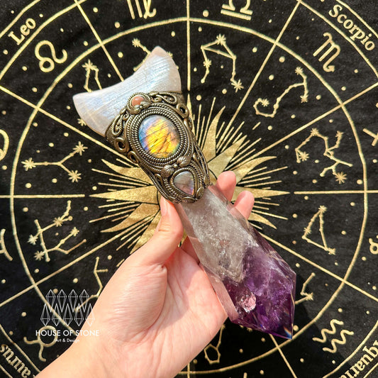 Natural Handmade Amethyst Crystal Quartz Wand/Magic Witch Crystal Wand/Moonstone Amethyst Labradorite Wand/Chakra/Manifest Altar Tool